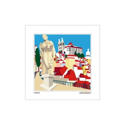 Ilustração colorida da estátua de D. Afonso Henriques em Lisboa com casas coloridas e texto LISBOA.