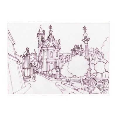 Desenho a tinta de uma rua com igrejas e monumentos