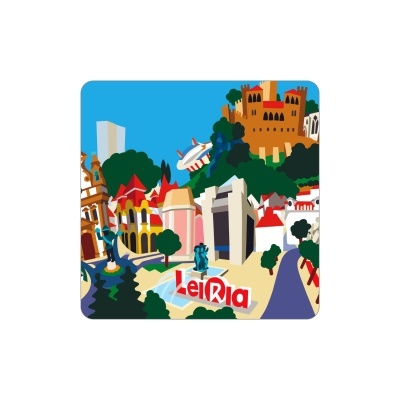 Ilustração colorida dos pontos turísticos de Leiria com castelo, edifícios e fonte