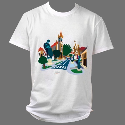 T-shirt branca com estampa colorida de rua e edifícios em Tondela