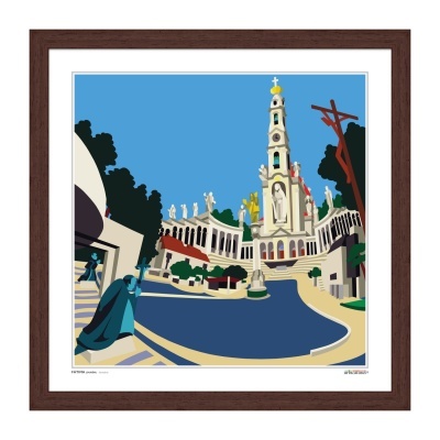 Ilustração estilizada da Basílica de Fátima com moldura de madeira