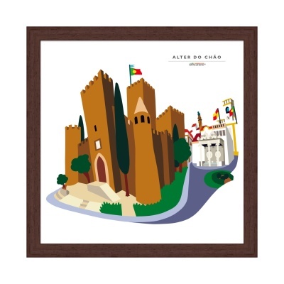 Ilustração de castelo com bandeira de Portugal, árvores, rio e barco com velas em moldura de madeira.