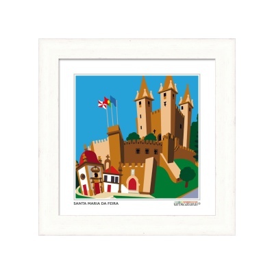 Ilustração de castelo e casas em moldura branca com texto SANTA MARIA DA FEIRA