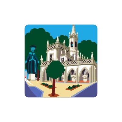 Ilustração de monumento gótico com torre e estátua azul em jardim com árvores