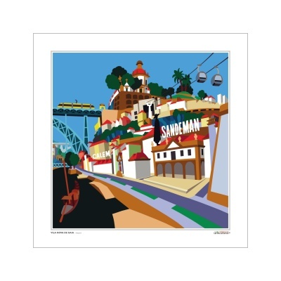 Ilustração colorida de Vila Nova de Gaia com nomes CALÉM e SANDEMAN em fachadas, comboio, teleféricos e ponte