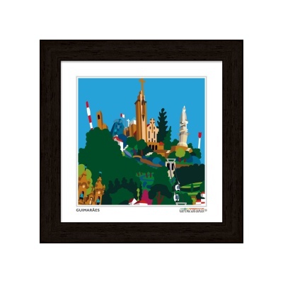 Quadro digital colorido de paisagem urbana de Guimarães com moldura preta