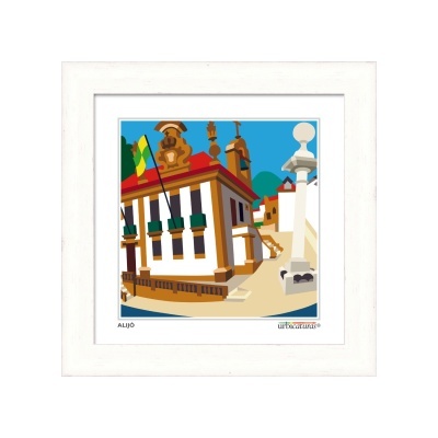 Quadro branco com ilustração colorida de edifício tradicional e coluna branca.