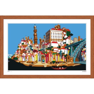 Quadro com imagem estilizada de cidade portuguesa colorida e ponte azul
