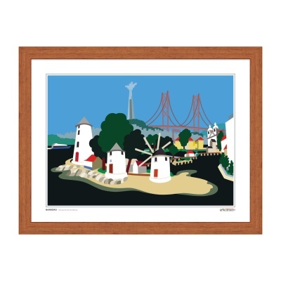 Quadro ilustrativo de moinhos, árvores, ponte e estátua com moldura de madeira