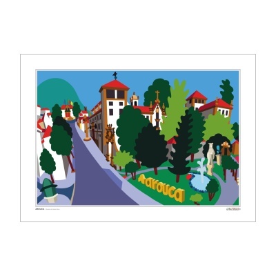 Ilustração colorida de cidade com árvores, edifícios brancos, telhados vermelhos e fonte numa área verde com texto 'Marroca'