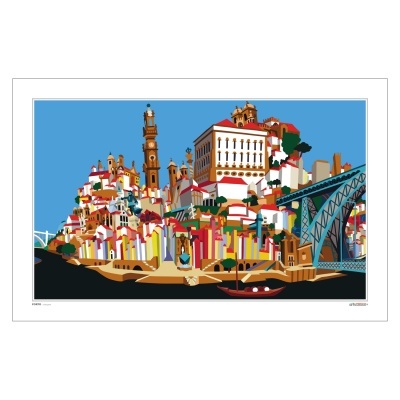Pôster ilustrativo da cidade do Porto com ponte, torre e barco no rio