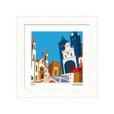 Quadro ilustrativo da cidade de Viseu com edifícios coloridos