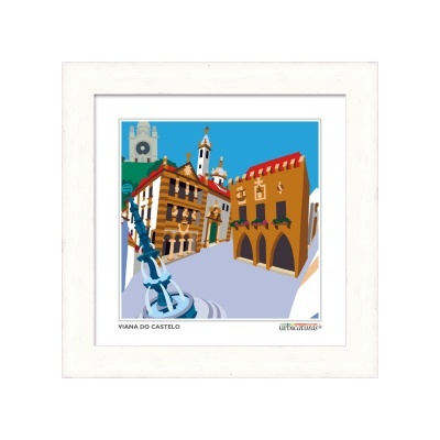 Ilustração colorida de Viana do Castelo com edifícios e fonte