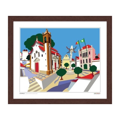 Ilustração urbana colorida num quadro com moldura castanha