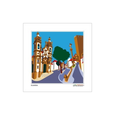 Ilustração digital estilizada de rua histórica em Guarda com árvores e edifícios