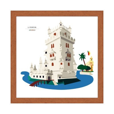 Desenho da Torre de Belém em quadro com moldura de madeira