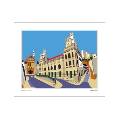 Ilustração digital de edifícios históricos em Porto com céu azul