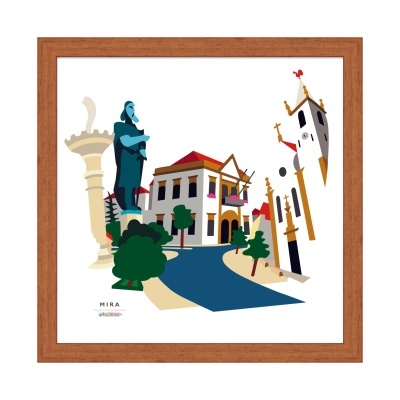Ilustração colorida de paisagem urbana com estátua, edifícios e torre de relógio num quadro de madeira