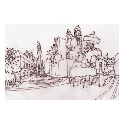 Desenho a lápis de paisagem urbana com torre, coluna e ponte