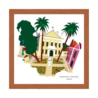 Quadro decorativo com arte colorida de edifícios, árvores e jardim, texto MARINHA GRANDE