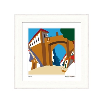 Quadro branco com imagem colorida estilizada de arco e casas em Viseu