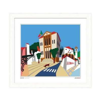 Quadro decorativo com ilustração geométrica colorida de edifícios