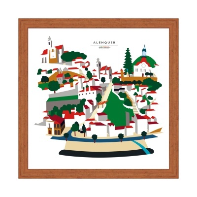 Ilustração colorida de Alenquer em moldura de madeira
