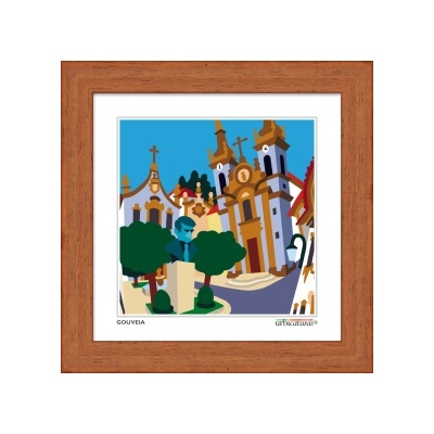 Quadro em madeira com ilustração colorida de edifícios históricos e árvores em Gouveia
