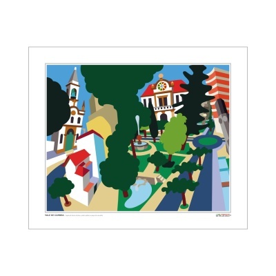 Ilustração de arquitetura urbana com jardins, fontes, árvores e vários edifícios.