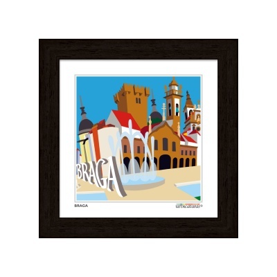 Ilustração colorida de Braga em moldura de madeira escura