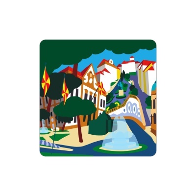 Imagem digital de cidade com edifícios, árvores, bandeiras e fonte de água