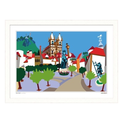 Ilustração colorida da Praça da República em Vila Flor com árvores, estátua e edifícios