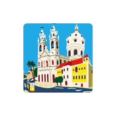 Ilustração de edifício histórico com torres e cúpula junto a edifícios coloridos e elétrico