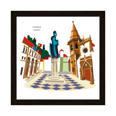 Ilustração em quadro de praça em Tomar com estátua, edifícios e torre de relógio
