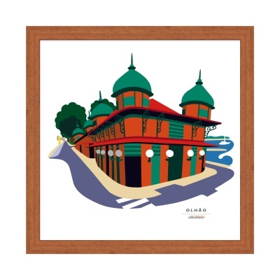 Ilustração digital colorida de um edifício com cúpulas verdes emoldurada em madeira