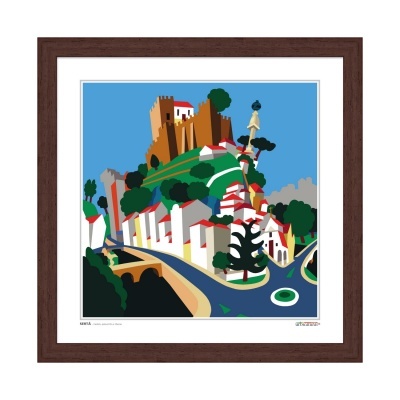 Ilustração colorida de cidade com castelo, casas e estrada