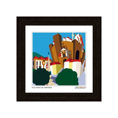 Ilustração colorida de castelo e edifícios em moldura escura