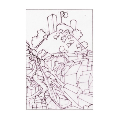 Desenho a preto e branco de paisagem urbana com colina e edifícios geométricos
