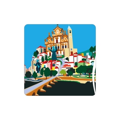 Ilustração digital de cidade colorida com igreja, estátuas, árvores e ponte