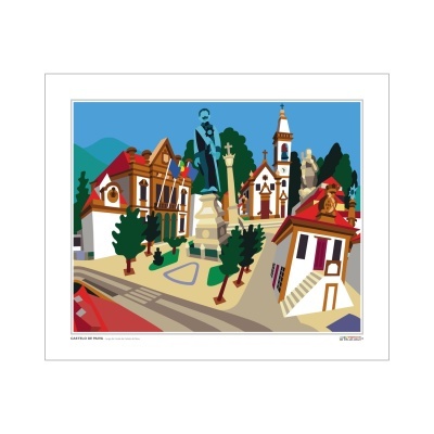 Ilustração de praça em Castelo de Paiva com edifícios, estátua e árvores