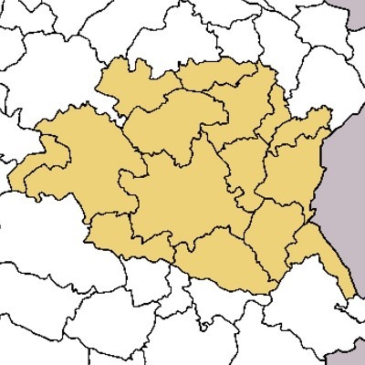 Mapa com uma região central destacada a amarelo claro