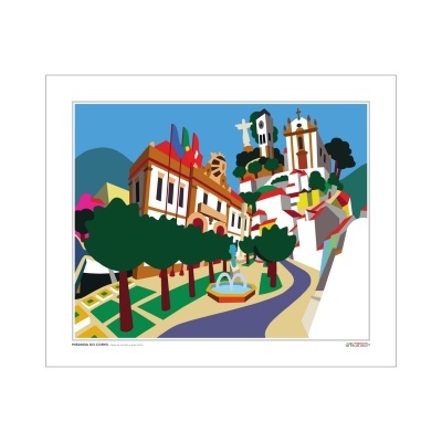 Ilustração digital colorida de paisagem urbana com árvores e edifícios históricos