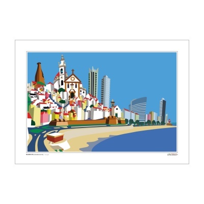 Ilustração digital colorida de cidade costeira com igrejas e praia