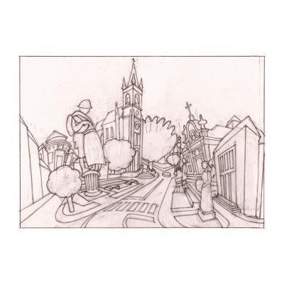 Desenho a lápis de uma rua com estátua, árvores, prédios e igreja
