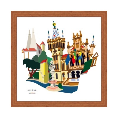 Ilustração colorida de monumento histórico de Sintra com árvore e fonte, moldura de madeira