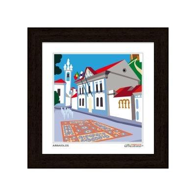 Quadro decorativo com impressão artística de edifício tradicional e tapetes coloridos em fundo azul