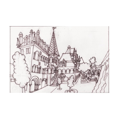 Desenho a lápis de edifícios históricos numa rua com árvores e escadas