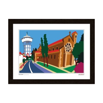 Quadro ilustrativo colorido da Basílica de Santa Maria del Mar e Torre de Sant Sebastià em moldura escura