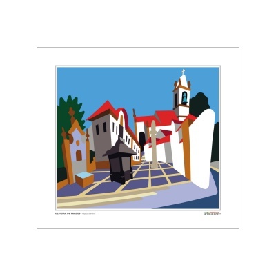 Ilustração de rua com edifícios brancos, telhados vermelhos e igreja com torre sineira.