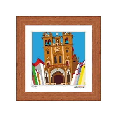 Quadro com ilustração de edifício histórico em Braga com moldura de madeira